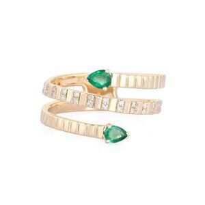 Wrap Pear Emerald Diamond 14K (or 18k upon request) Yellow Gold Open Ring